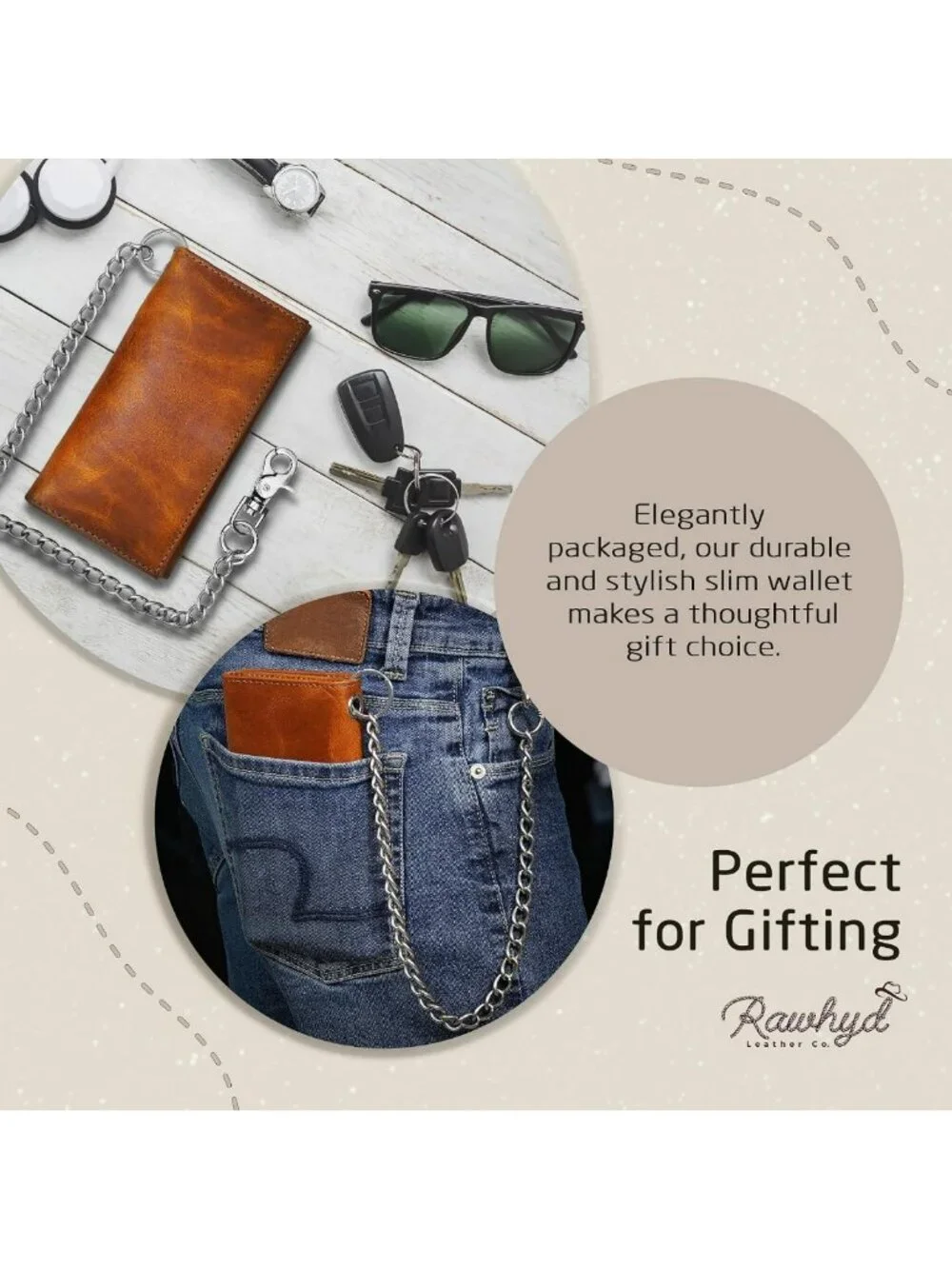 Men's Full Grain Leather Biker Wallet with Chain, Zipper Pocket & Card Slots